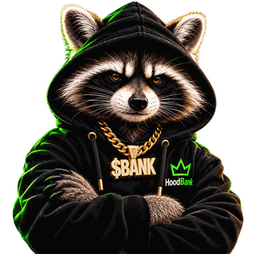 The HoodBank mascot: a raccoon in a black HoodBank hoodie with a gold crown chain
